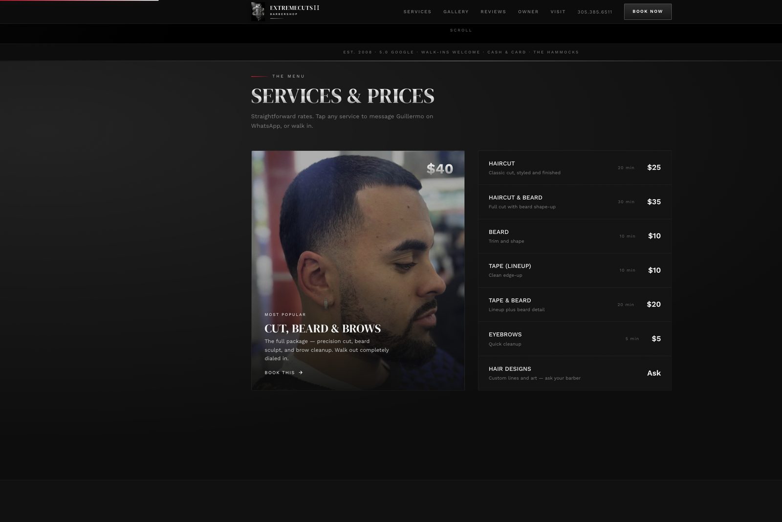 Extreme Cuts II website — Services and Prices menu