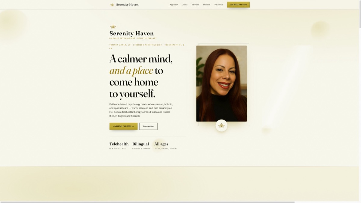 Serenity Haven Psychology website — calm telehealth therapy preview